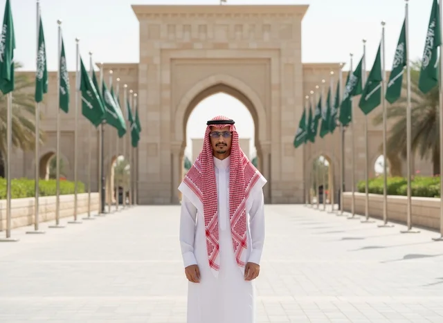 Saudi Man in Traditional Thobe with National Flags Saudi Man in Traditional Thobe with National Flags