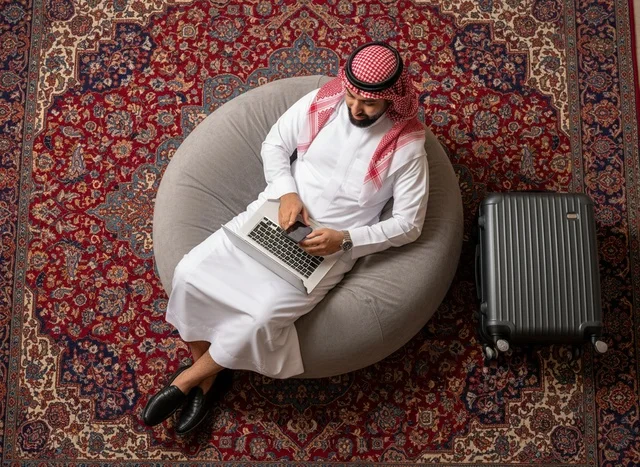 Saudi Man with Laptop and Suitcase on Rug Top View