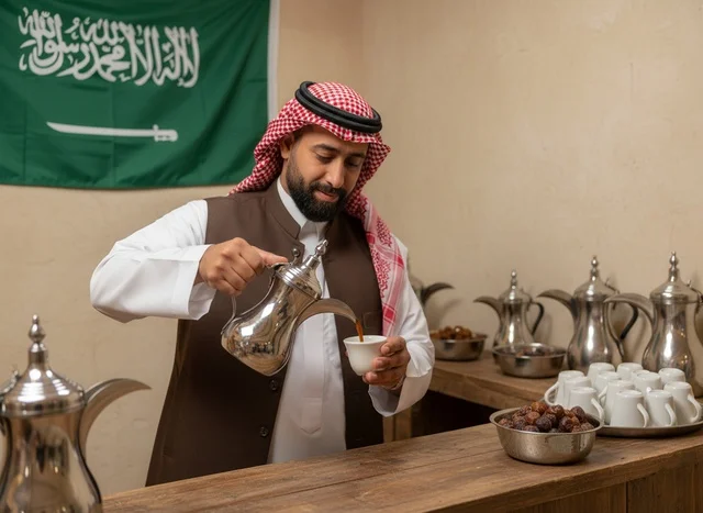 رجل سعودي يصب القهوة العربية التقليدية مع العلم