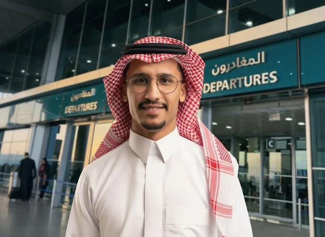 رجل سعودي بالزي التقليدي في صالة المغادرون بالمطار