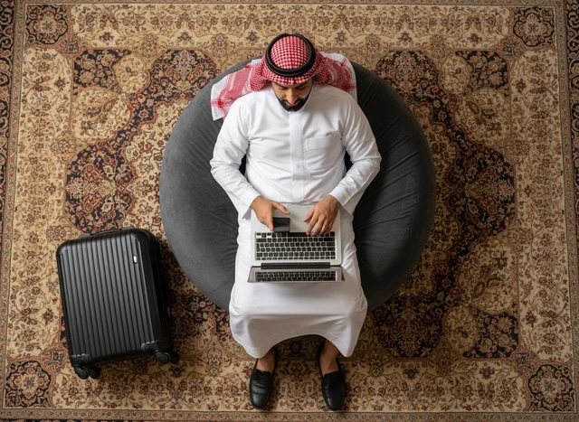Saudi Man Working on Laptop with Suitcase Top View