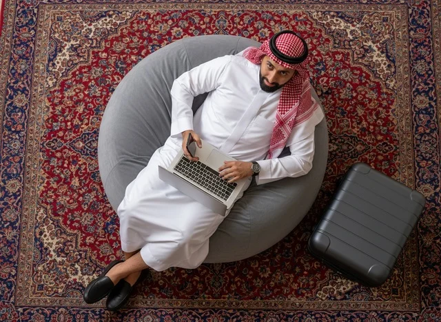 رجل سعودي يستخدم اللابتوب جالسًا على كرسي محشو