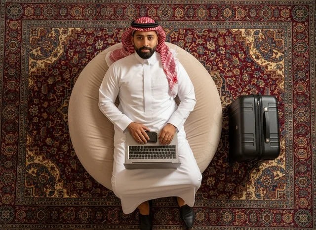 Saudi Man with Laptop and Suitcase on Carpet