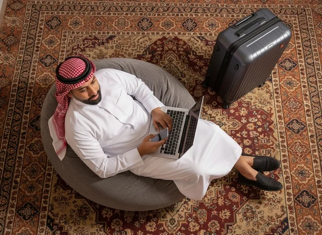 رجل سعودي يعمل على حاسوبه بجانب حقيبة سفر
