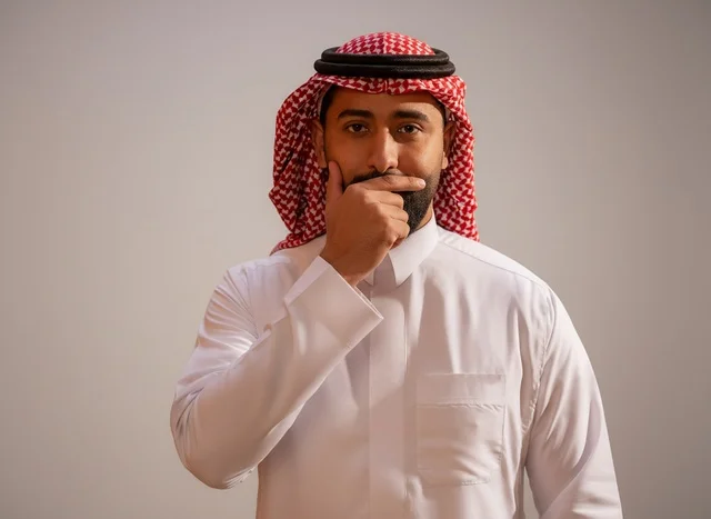 بورتريه رجل سعودي بالزي التقليدي في وضعية تفكير