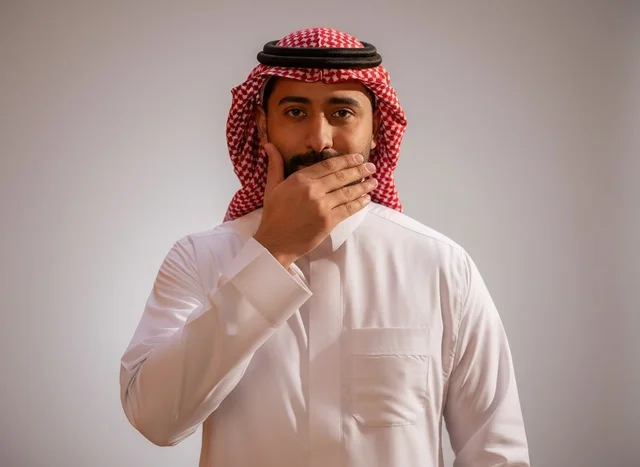 رجل سعودي بالزي التقليدي يغطي فمه بيده في الاستوديو