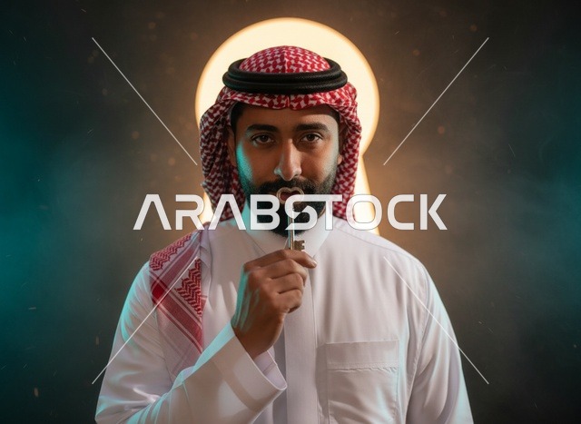 رجل سعودي يحمل مفتاحاً أمام خلفية ثقب مفتاح مضيء