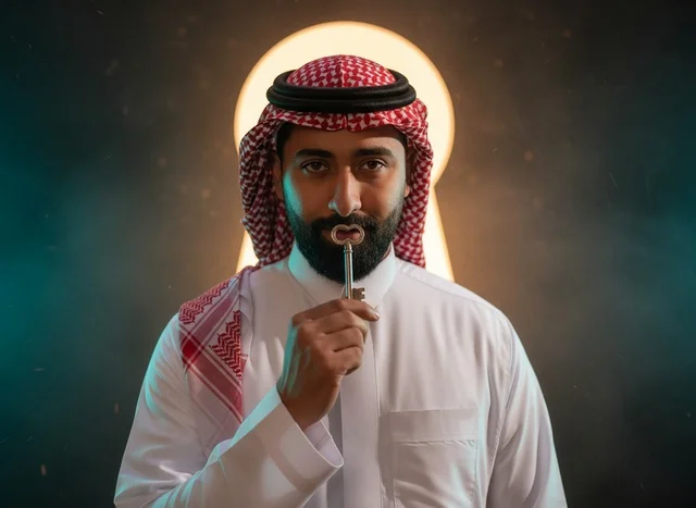 Saudi Man Holding Key with Glowing Keyhole Background