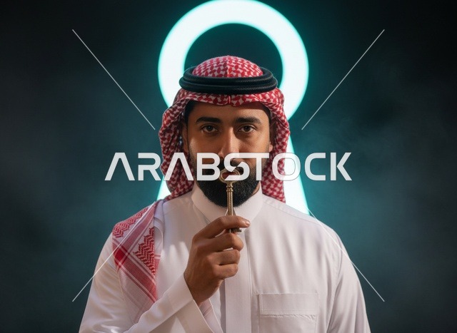 رجل سعودي يمسك مفتاحاً أمام خلفية ثقب قفل مضيئة