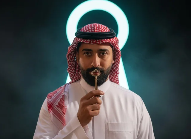 رجل سعودي يمسك مفتاحاً أمام خلفية ثقب قفل مضيئة