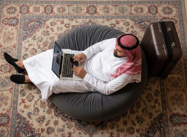 Saudi Man with Laptop and Suitcase Top-Down View