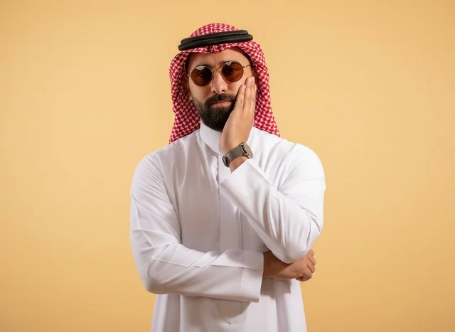 رجل سعودي بالزي التقليدي والنظارات الشمسية بتعبير حائر