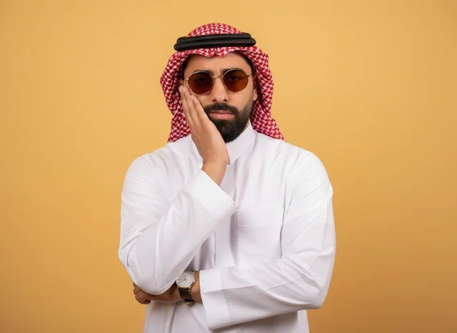 رجل سعودي بالثوب التقليدي والشماغ يرتدي نظارات شمسية