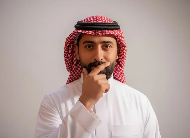 Pensive Saudi Man in Traditional Thobe and Shemagh