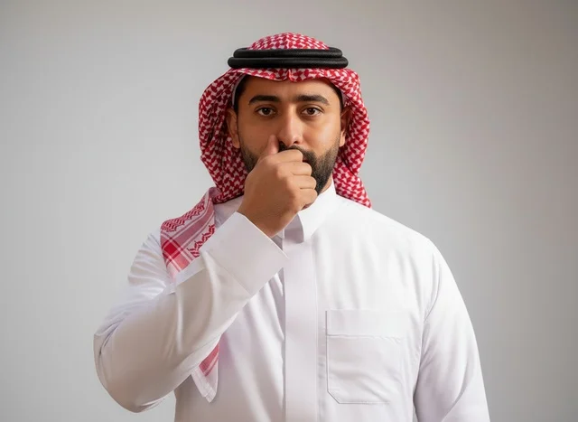 Saudi Man in Traditional Thobe Making Silence Gesture