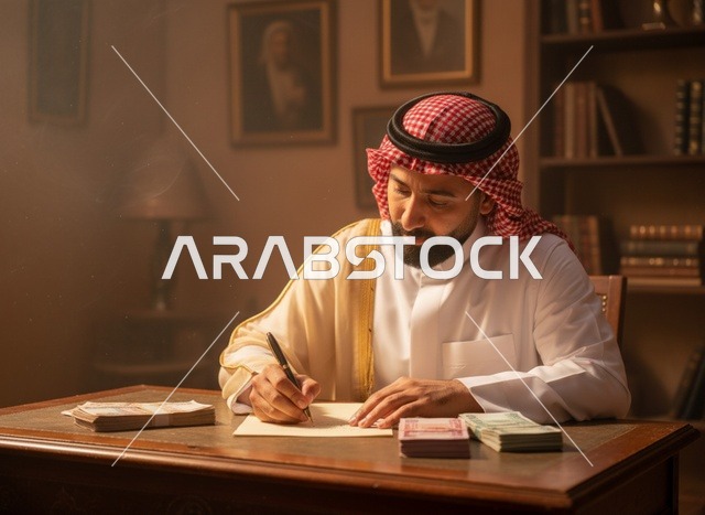 رجل سعودي يكتب على مكتب مع عملات ورقية