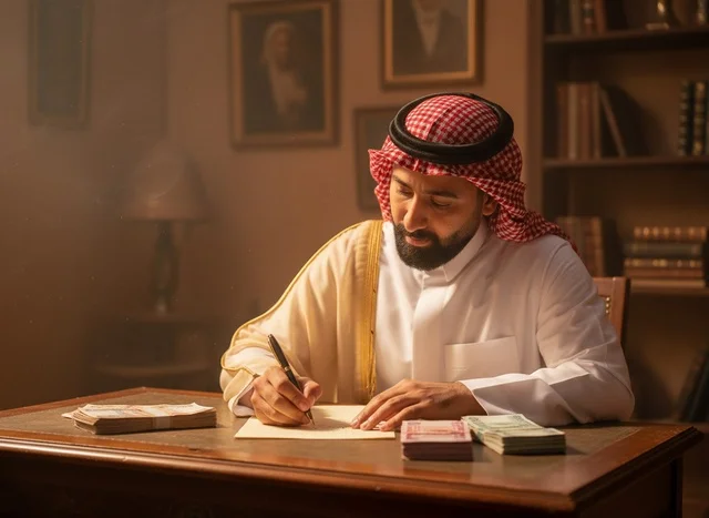 Saudi Man Writing at Desk with Saudi Riyals
