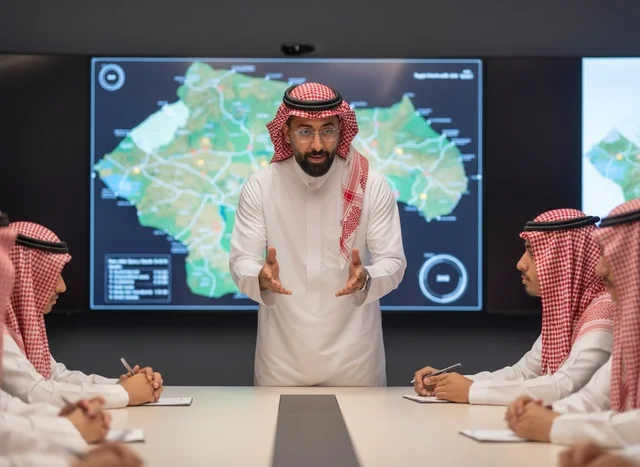 رجل أعمال سعودي يقود اجتماعاً في غرفة اجتماعات حديثة رجل أعمال سعودي يقود اجتماعاً في غرفة اجتماعات حديثة