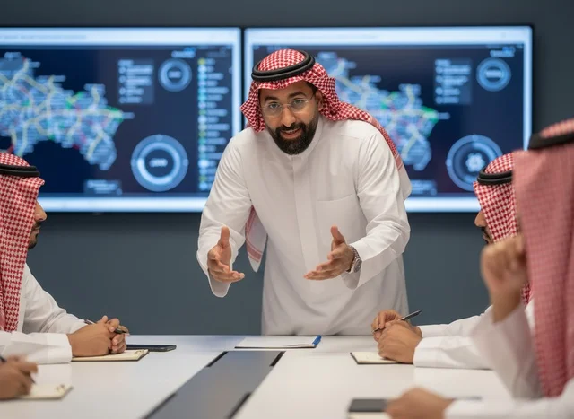 رجل أعمال سعودي يقدم عرضاً في غرفة اجتماعات حديثة