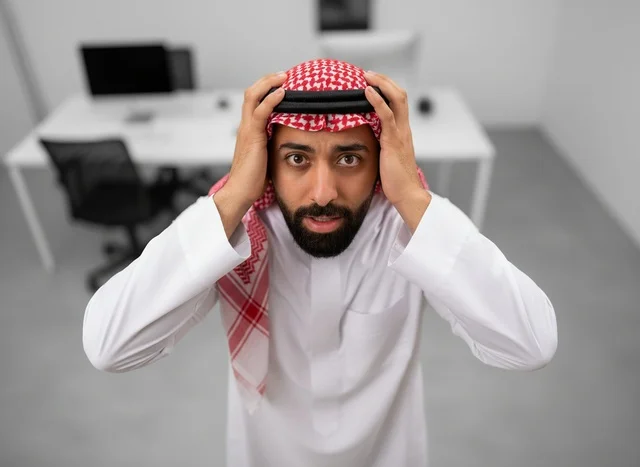 رجل أعمال سعودي مصدوم في بيئة عمل مكتبية حديثة