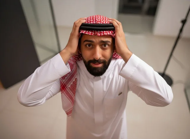 Shocked Saudi Man in Traditional Thobe High Angle