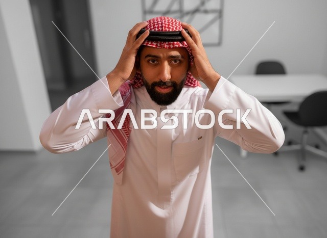 رجل سعودي بالزي التقليدي يشعر بالتوتر في المكتب
