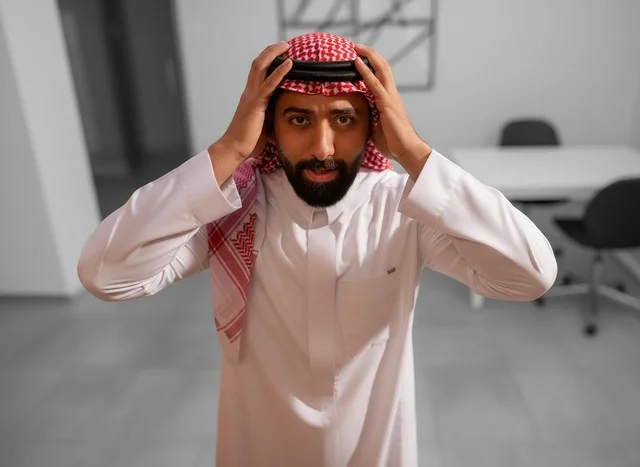 رجل سعودي بالزي التقليدي يشعر بالتوتر في المكتب
