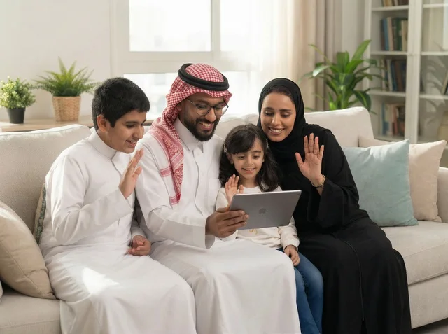 Saudi Family Video Calling on Tablet in Living Room