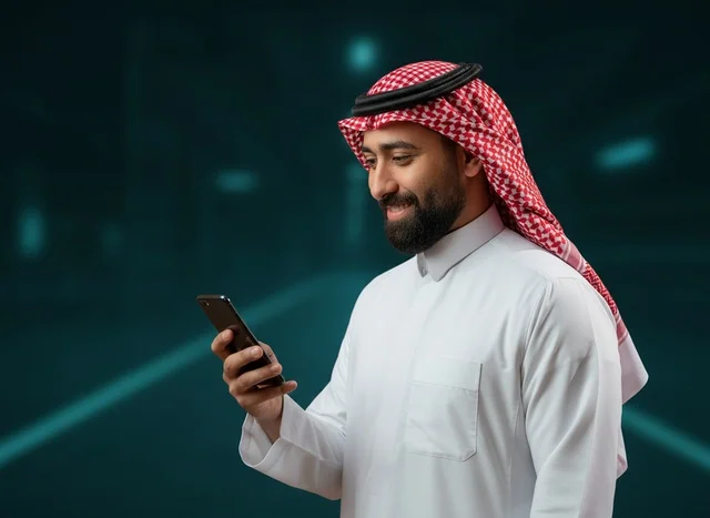 Saudi Man in Traditional Thobe Using Smartphone