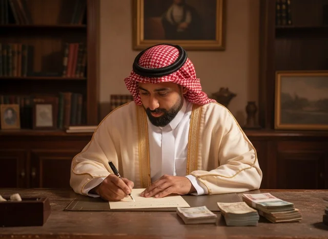 رجل سعودي بالبشت التقليدي يكتب على مكتبه رجل سعودي بالبشت التقليدي يكتب على مكتبه