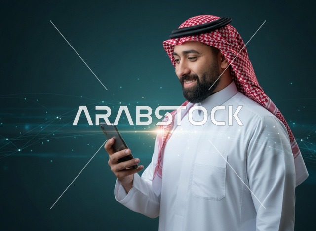 رجل سعودي يستخدم الهاتف الذكي مع خلفية رقمية