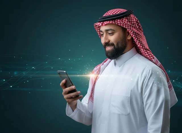 Saudi Man Using Smartphone with Digital Background