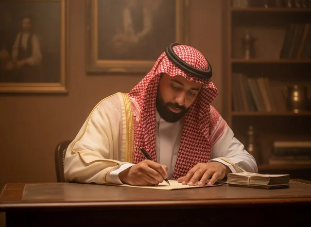 رجل سعودي يرتدي البشت التقليدي يكتب في المكتب