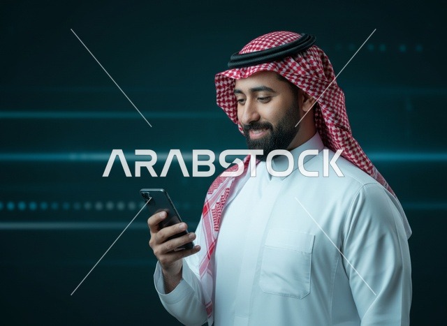 Saudi Man Using Smartphone on Digital Background