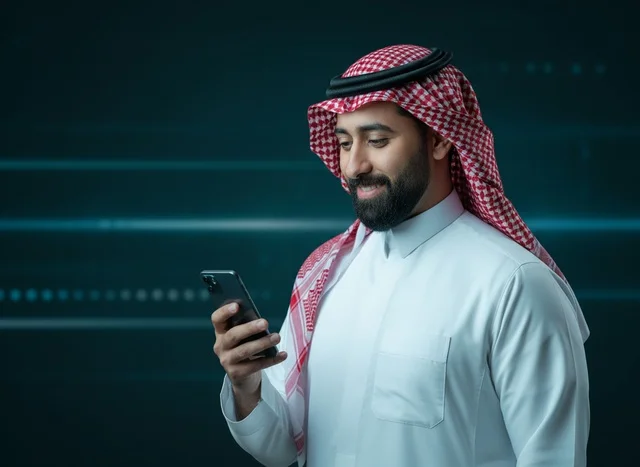 Saudi Man Using Smartphone on Digital Background