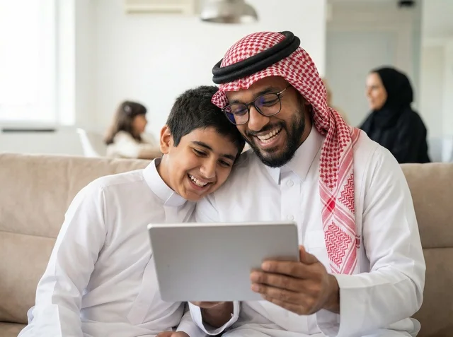 Saudi Father and Son Using Digital Tablet at Home