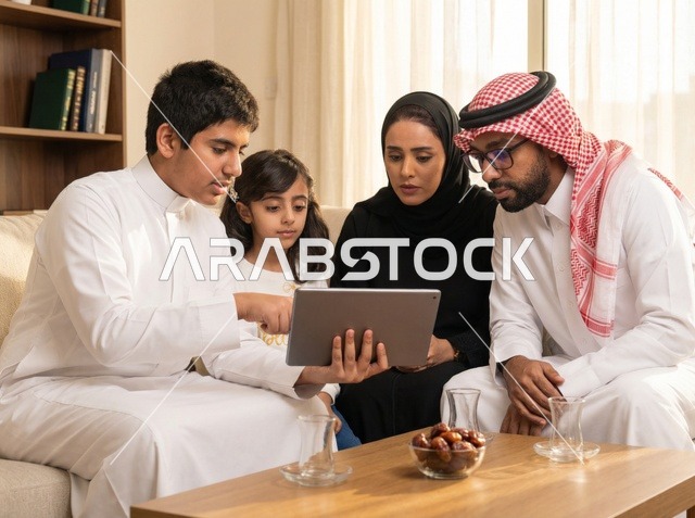 Saudi Family Using Digital Tablet at Home