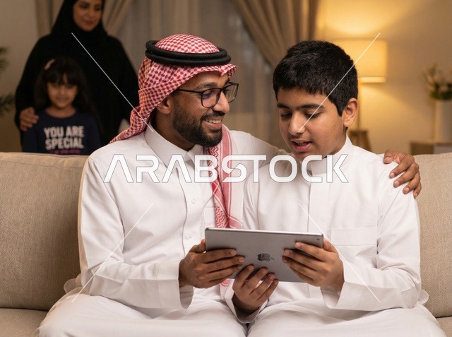 أب وابن سعوديان يستخدمان الجهاز اللوحي بالمنزل