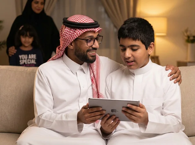 أب وابن سعوديان يستخدمان الجهاز اللوحي بالمنزل