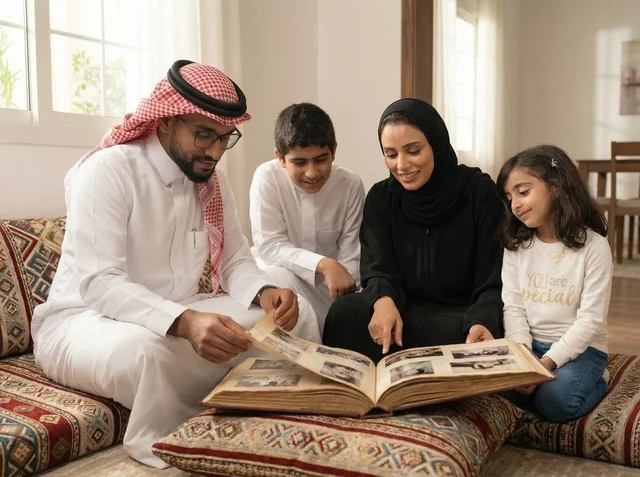 عائلة سعودية مع ألبوم صور في مجلس تقليدي