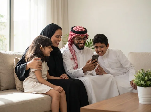 عائلة سعودية في غرفة معيشة منزلية تستخدم الهاتف الذكي