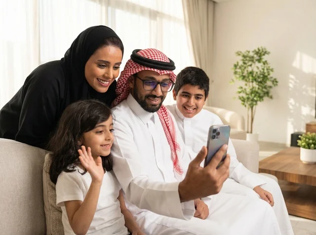 عائلة سعودية تستخدم الهاتف الذكي في غرفة المعيشة