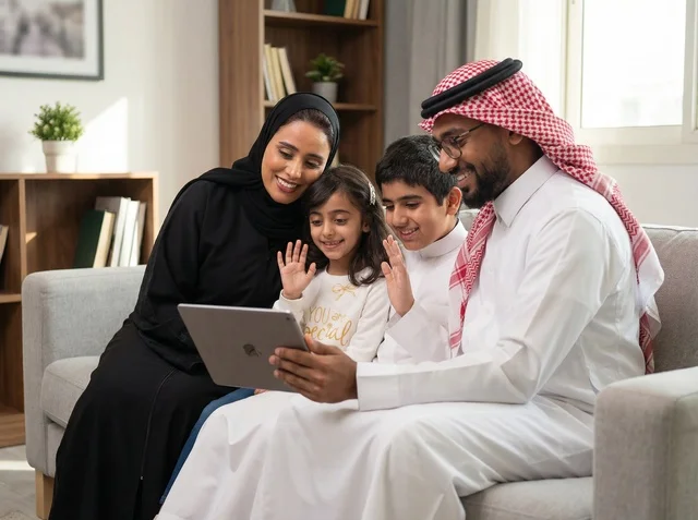 عائلة سعودية تستخدم جهاز لوحي لمكالمة فيديو في المنزل