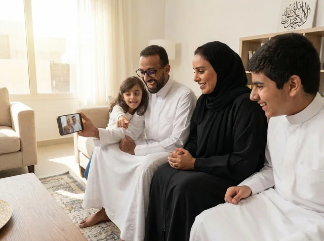 Saudi Family Having Video Call in Living Room