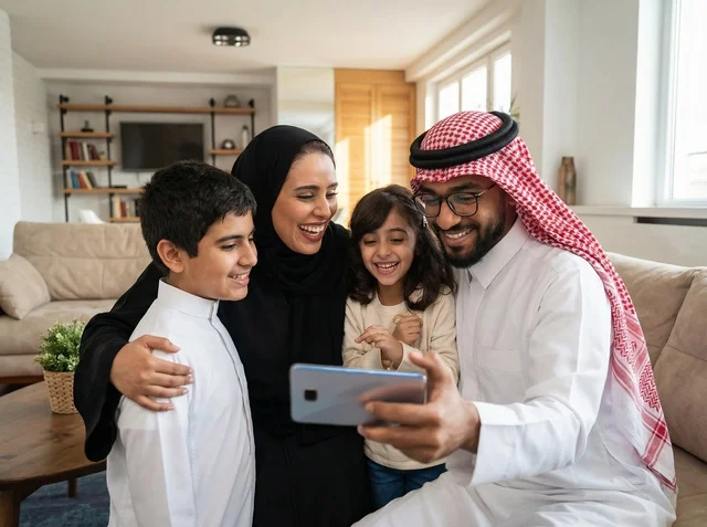 عائلة سعودية في غرفة معيشة حديثة تستخدم الهاتف الذكي