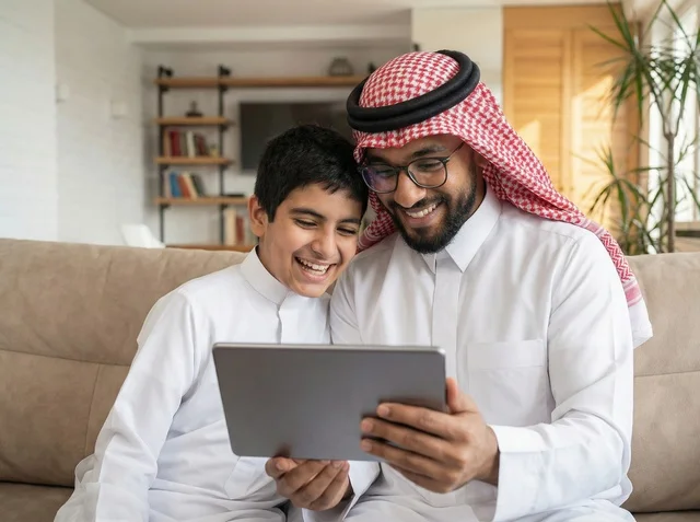 Saudi Father and Son Using Tablet in Living Room