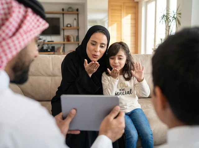 A Saudi family is making a video call via a tablet.