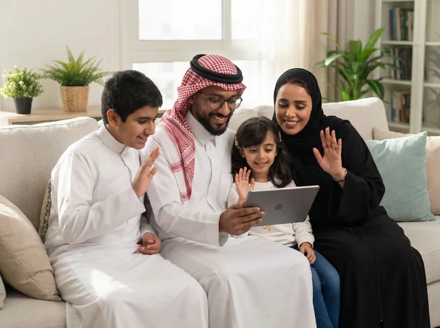 Saudi Family Video Call on Tablet in Living Room