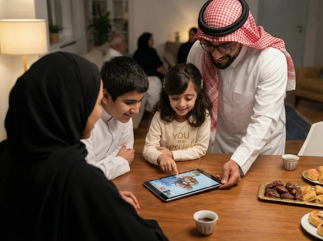 عائلة سعودية تستخدم الجهاز اللوحي في المنزل مع التمر