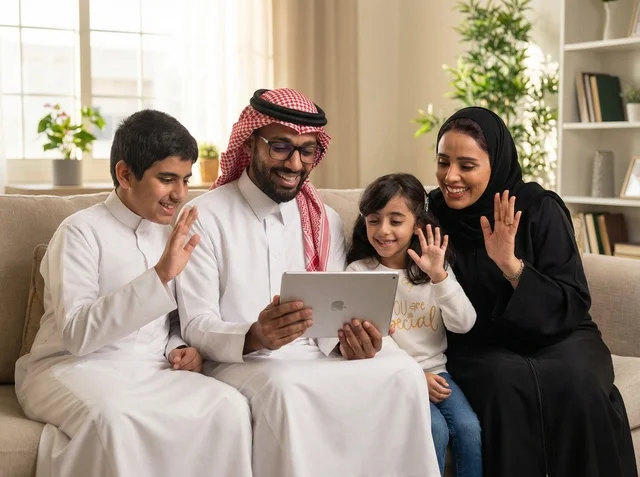 A Saudi family is making a video call via a tablet.